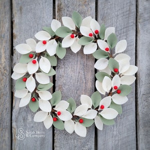 Ivory and Sage Felt Wreath with Red Berries - Front Door Wreaths - Christmas Wreaths - Sarah Berry & Co - Minimalist Decor