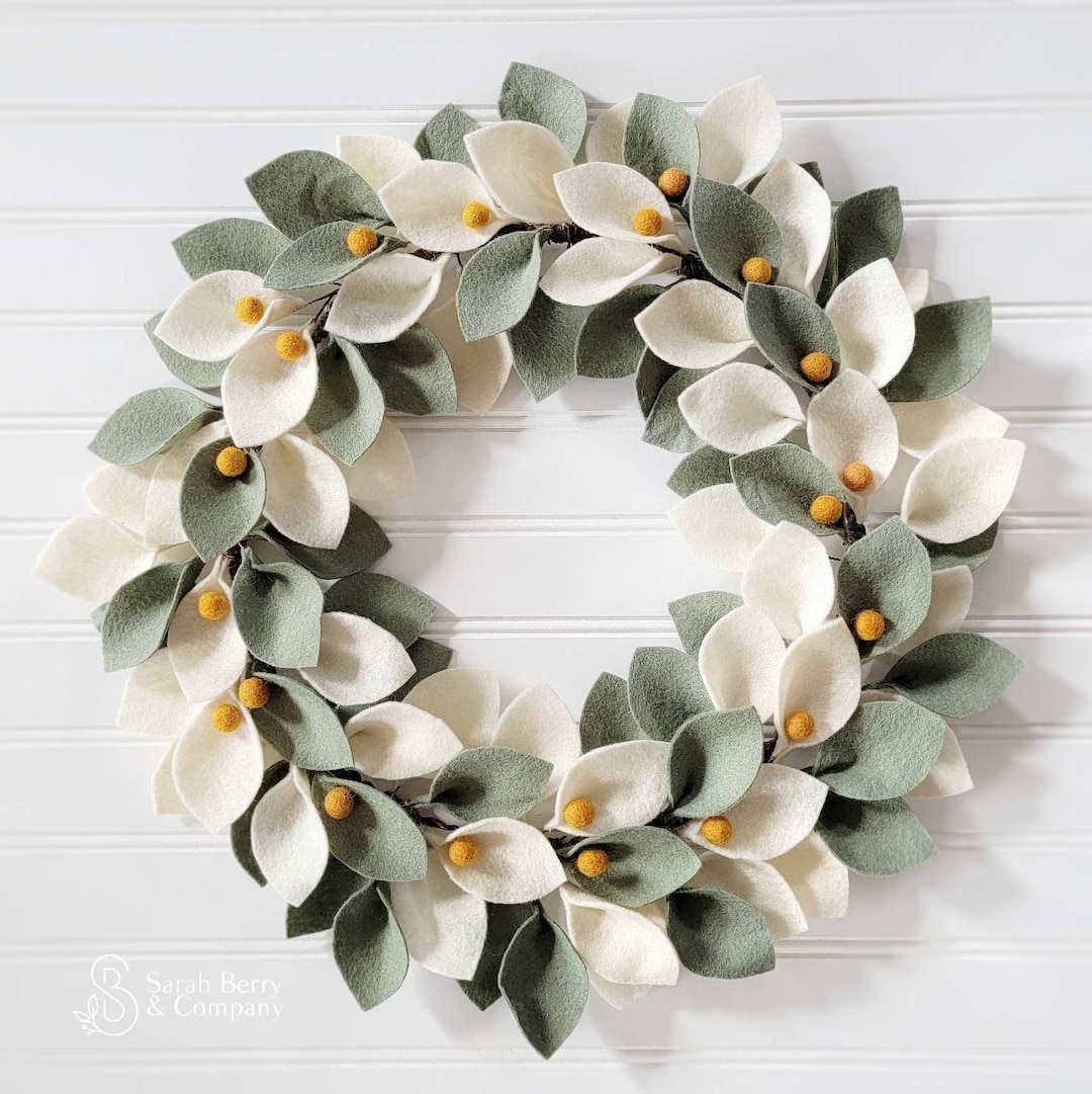 Ivory and Sage Felt Wreath With Mustard Berries  Front Door