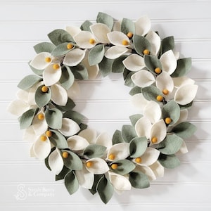 Ivory and Sage Felt Wreath with Mustard Berries - Front Door Wreaths - Handmade - Sarah Berry - Handmade - Modern Wreath - Spring Wreaths