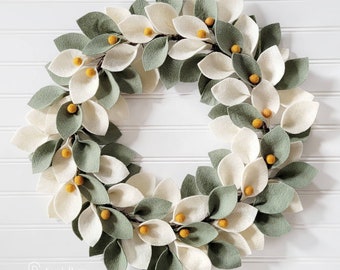 Ivory and Sage Felt Wreath with Mustard Berries - Front Door Wreaths - Handmade - Sarah Berry - Handmade - Modern Wreath - Spring Wreaths