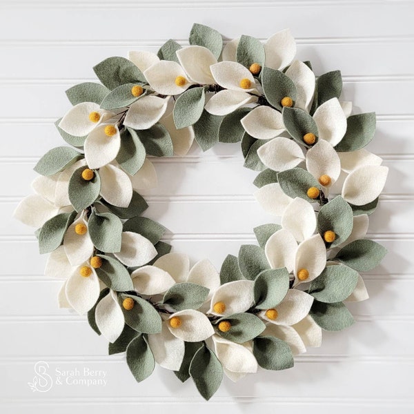 Ivory and Sage Felt Wreath with Mustard Berries - Front Door Wreaths - Handmade - Sarah Berry - Handmade - Modern Wreath - Spring Wreaths