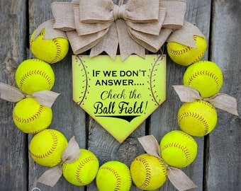 Softball Wreath with burlap bow - Softball and Baseball decor - Coach's Gift - Front Door Wreaths -Summer wreath - Sarah Berry & Company