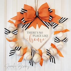 Baseball Wreath with Orange and Black Bow - Front Door Wreaths - Baseball Mom Gift - Sarah Berry & Company