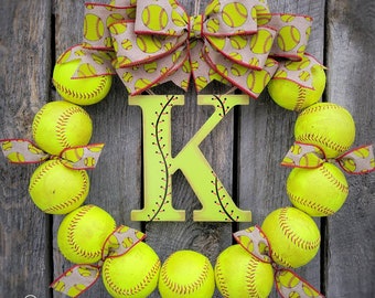 Softball Wreath: Monogrammed Bow, Coach Gift - Softball Mom
