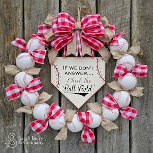 Baseball Wreath with Burlap and Red Gingham Bow - There's no place like home - Baseball Mom - Sarah Berry & Company - Front Door Wreaths