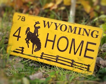 Wyoming HOME License Plate - Custom Wooden Wyoming License Plate - Wyoming Cowboys - Bucking horse and rider - Brown and Gold - Sarah Berry