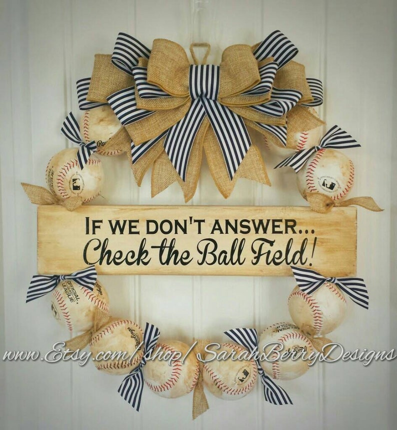 Baseball Wreath with Navy and White striped ribbon and burlap bow Softball and Baseball decor Coach/'s Gifts Made with REAL baseballs!!