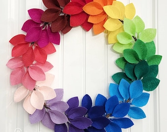 Large Rainbow Felt Leaf Wreath - Handmade - Front Door Wreaths - Hostess Gifts - Rainbow Décor - Colorful - Sarah Berry & Co - Minimalist
