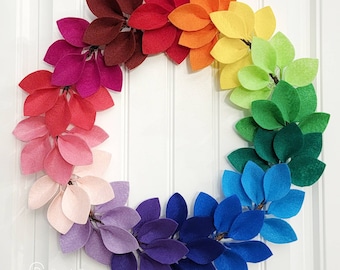 Handmade Rainbow Felt Leaf Wreath - 22" Colorful Front Door Decor