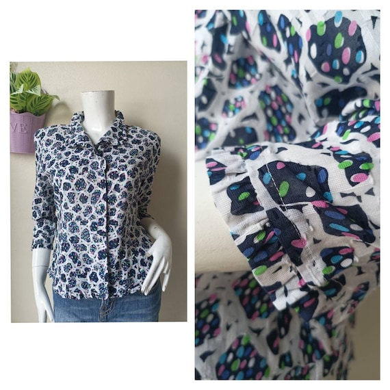 Hardy Amies, Vintage Hardy Amies London Cotton Print blouse size 9 will fit S