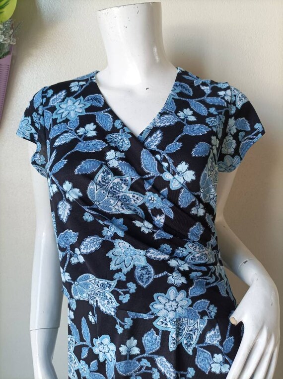 Vintage HANAE MORI Blue floral Print Dress Size M - image 3
