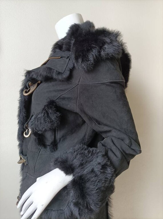 Real Black rabbit full skin hooded fur coat, genu… - image 6