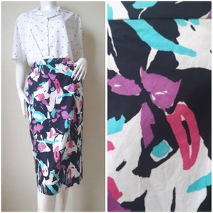 Saia lápis vintage Hardy Amies com estampa floral de algodão, tamanho 13 (G) cintura 28"-32"