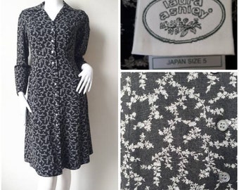 Vintage 80s Laura Ashley Dress// Summer Day Dress/ Black Floral Mini Dress Size XS