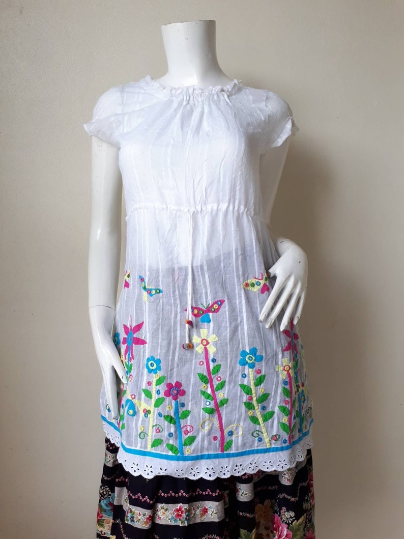 Vtg 70s cotton ethnic indian bohemian peasant mini dress size L image 2