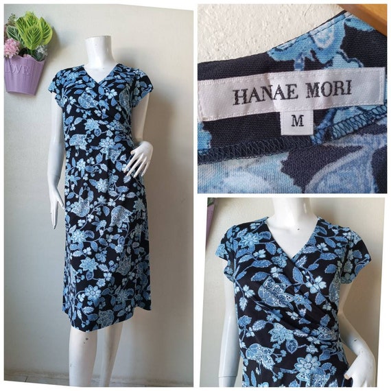 Vintage HANAE MORI Blue floral Print Dress Size M - image 1