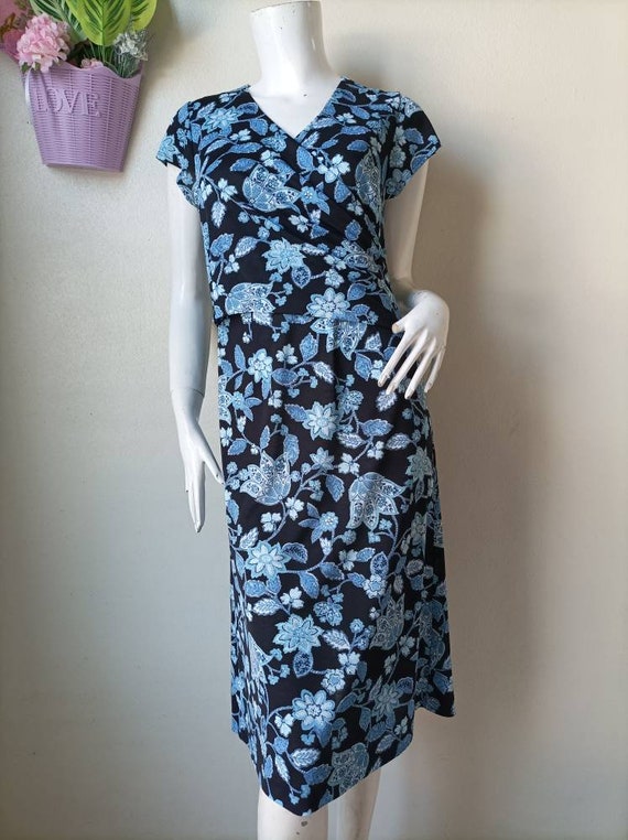 Vintage HANAE MORI Blue floral Print Dress Size M - image 2