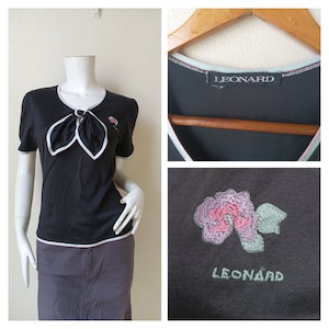 Sale! Vintage 80s LEONARD PARIS Black cotton Blouse, Size M