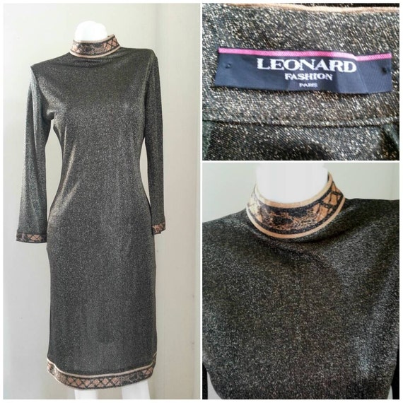 Vintage 60s 70s LEONARD PARIS Metallic Dress ~Long Mod Midi Size L