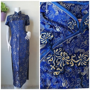Vintage Blue Jacquard dragon Cheongsam ,qipao, Ball Gowns, Long Evening Dress, mandarin collar Size S