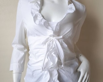 Prada White blouse medium | 90s minimal cotton bow tie shirt Size 46