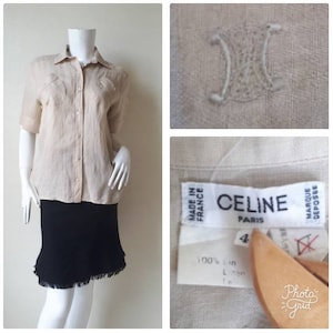 Vintage Celine Leinen Bluse Made in France Größe 40 / CELINE Vintage gesticktes Logo