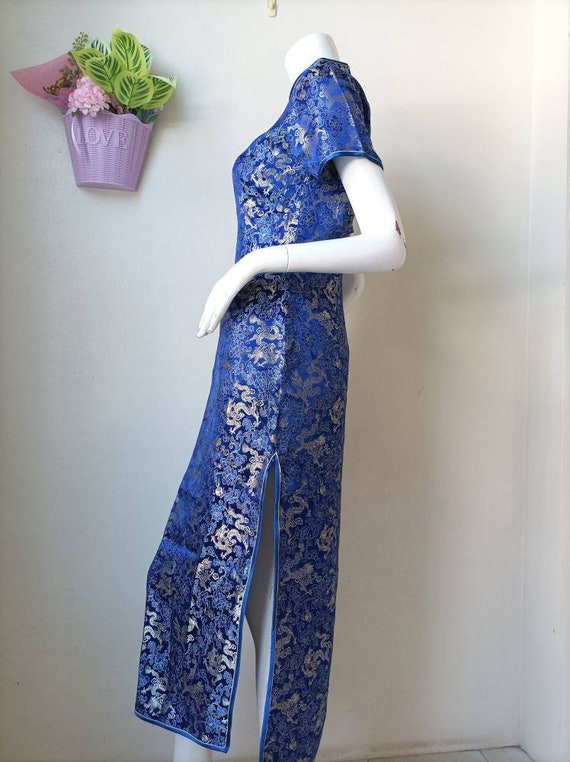 Vintage Blue Jacquard dragon Cheongsam ,qipao, Ba… - image 9