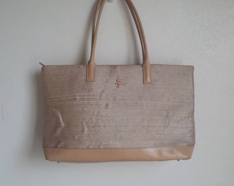 Vintage COURREGES Paris tan Fabric and leather shopper bag tote