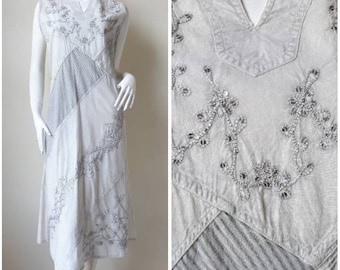Vintage Indiase jurk lange BOHO geborduurd Festival jurk katoen Hippie 90s Grunge etnische SunDress grijs shirt jurk Vintage Womens groot