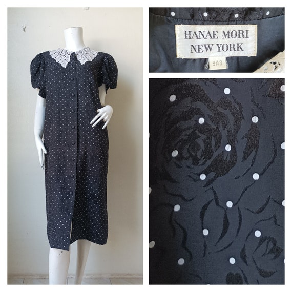 Vintage HANAE MORI New York Print Silk Dress / Tulip Puff Sleeve