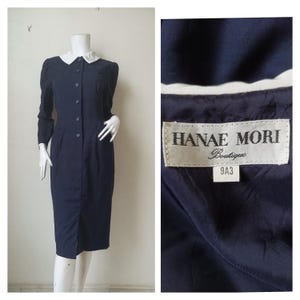 Vintage HANAE MORI Navy blue and White Dress / Shinori Size 9AR will fit Small