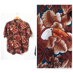 Vintage Hawaiian Shirt Horn bill Pattern Size L Made in Japan