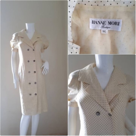 1970s 1980s Hanae Mori Dress Polka Dot Linen Dress