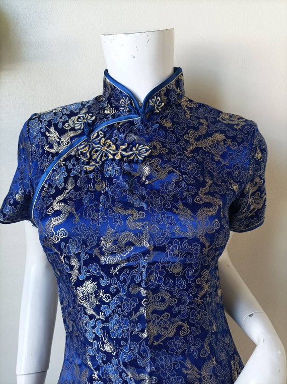 Vintage Blue Jacquard dragon Cheongsam ,qipao, Ba… - image 5