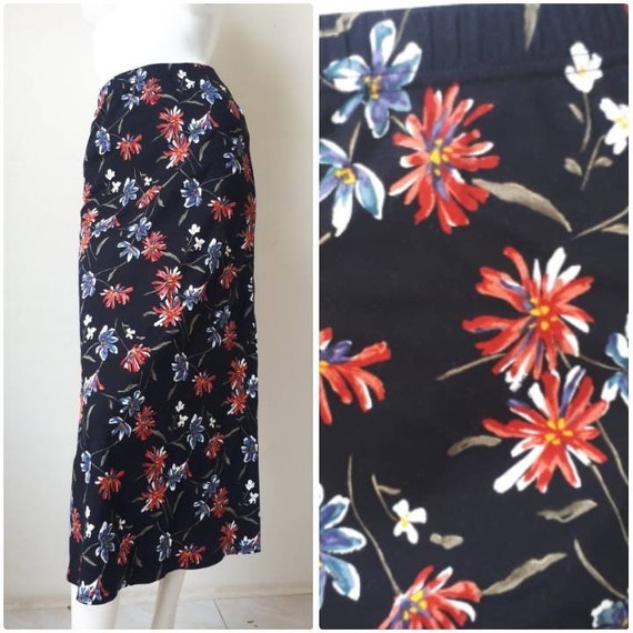 Norma Kamali Skirt - Vintage 80s Black Floral Prin
