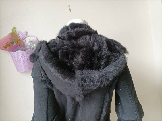 Real Black rabbit full skin hooded fur coat, genu… - image 5