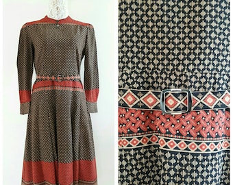 Vintage Japanese day dress, Print dress, Silk Chiffon Dress/ Size Small