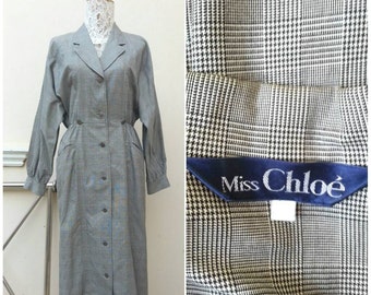 Vintage Miss Chloe check plaid  Black and White shirtdress Size M - L