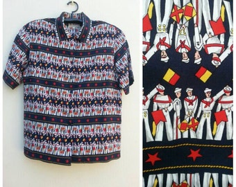 Vintage Bechamel T-Shirt mit Viskose-Print / Größe 12 /L