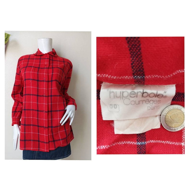 May include: Red and white plaid flannel shirt with long sleeves and a button-down front. The shirt has a label that reads "hyperbole Courr&egrave;ges Paris".