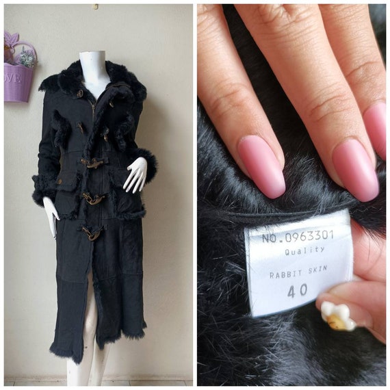 Real Black rabbit full skin hooded fur coat, genu… - image 1