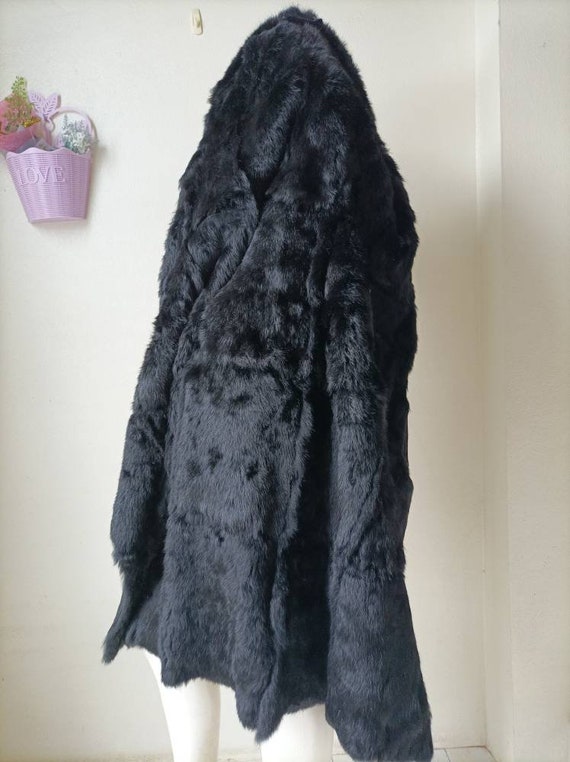 Real Black rabbit full skin hooded fur coat, genu… - image 9