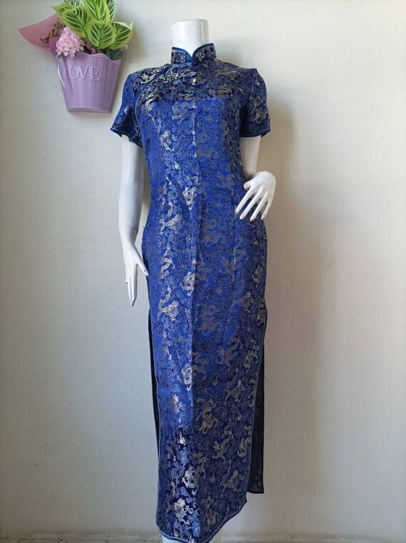 Vintage Blue Jacquard dragon Cheongsam ,qipao, Ba… - image 3