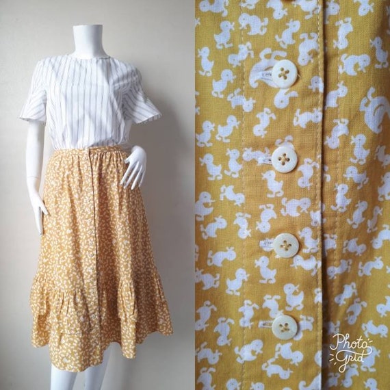 Vintage Button Down Print Skirt, Front Pockets Ski