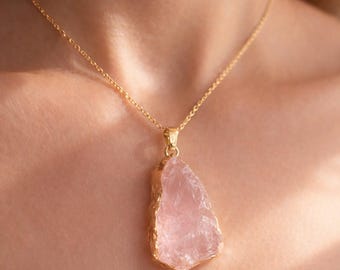 Raw Rose quartz necklace Rose quartz pendant Rough rose quartz necklace Big natural stone necklace