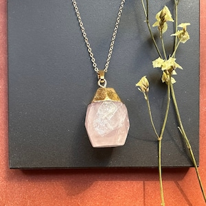 Rose quartz crystal necklace with 18k gold chain