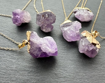 Raw Amethyst Pendant Necklace, Small Gemstone February Birthstone, Genuine Amethyst with gold plated chain
