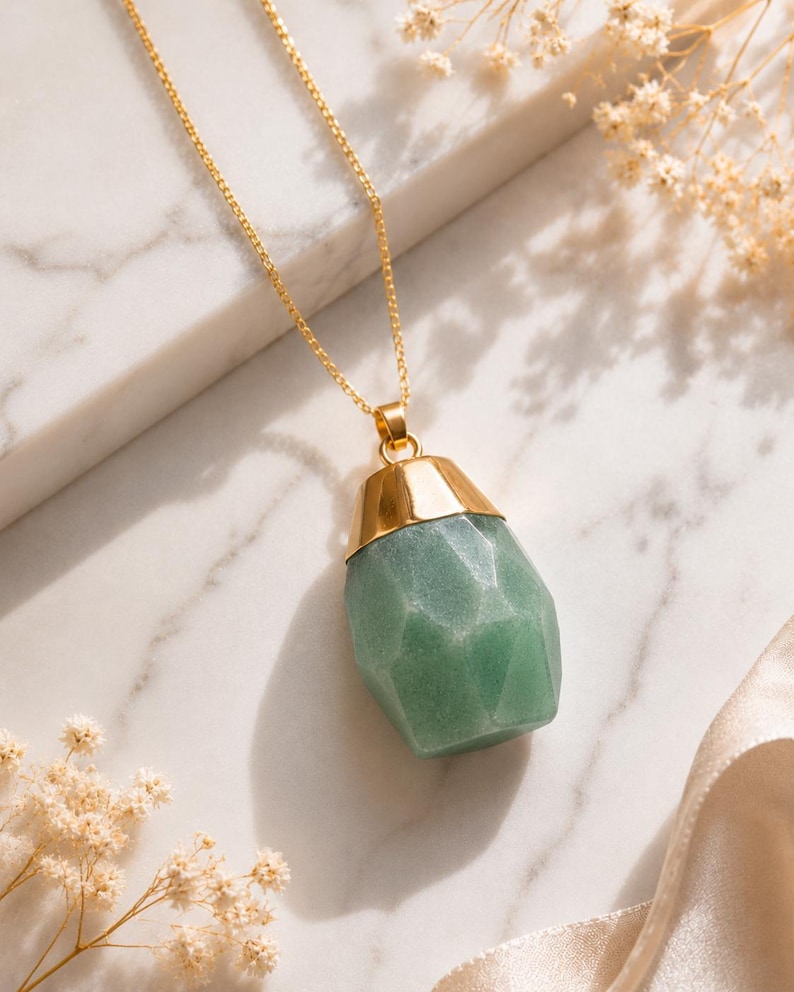 Green aventurine necklace Nephrite necklace Aventurine pendant Green drop necklace chain necklace Meditation stone necklace Healing crystal image 1