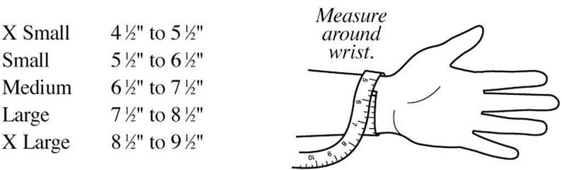 May include: A diagram showing how to measure your wrist for a bracelet. The diagram shows a hand with a measuring tape wrapped around the wrist. The text reads "Measure around wrist." The diagram also includes a size chart with the following sizes and corresponding wrist measurements: X Small (4 1/2" to 5 1/2"), Small (5 1/2" to 6 1/2"), Medium (6 1/2" to 7 1/2"), Large (7 1/2" to 8 1/2"), X Large (8 1/2" to 9 1/2").