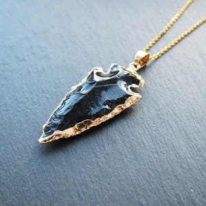 Black obsidian arrowhead necklace with 18k gold chain